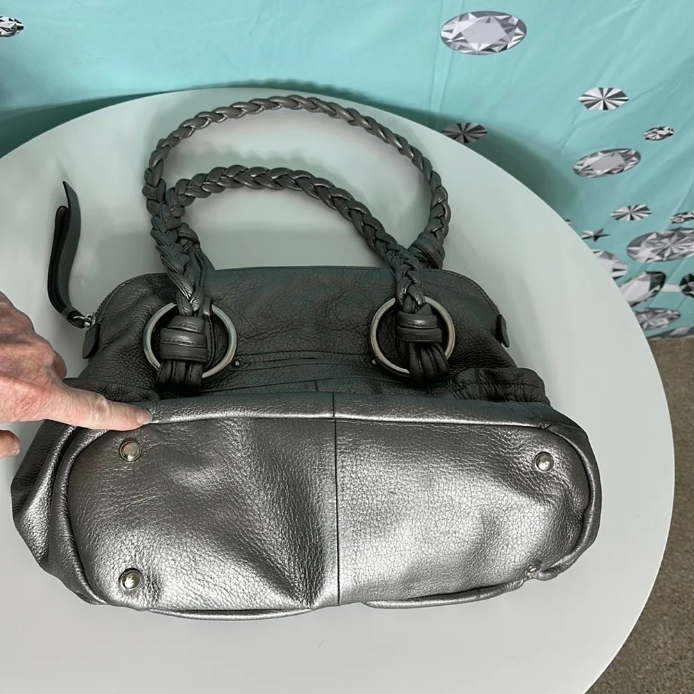 B. MAKOWSKI Pebbled Leather Hobo Bag A211928 Grey Pockets Braided Straps Classic